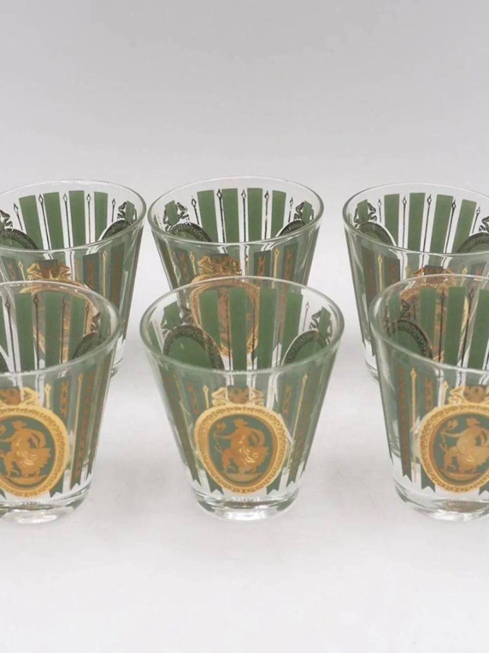 CERA Lot of 6 Athena & Cupid Green & Gold Double Shot Glasses